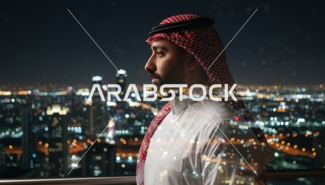 رجل سعودي بالزي التقليدي أمام أفق المدينة ليلاً