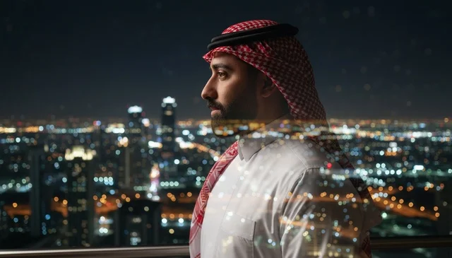 Saudi Man in Thobe with City Night Skyline