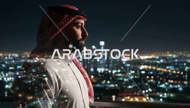 رجل سعودي يرتدي الثوب والشماغ أمام أفق مدينة الرياض ليلاً