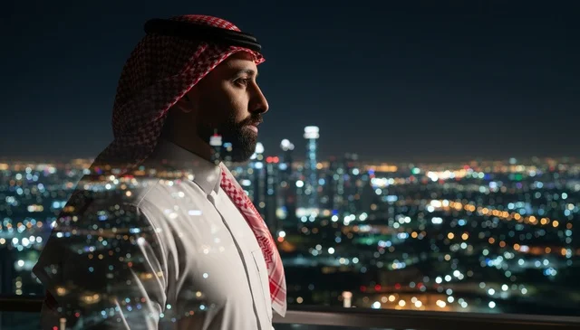 رجل سعودي يرتدي الثوب والشماغ أمام أفق مدينة الرياض ليلاً