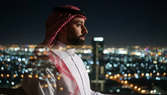 Saudi Man in Traditional Dress Night City View Bokeh