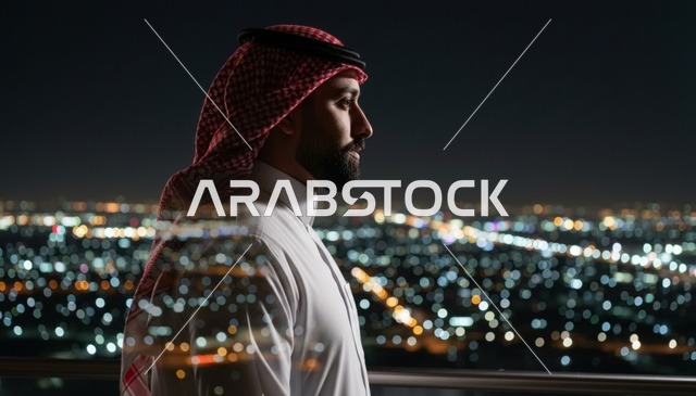 Saudi Man Looking at Night City Skyline