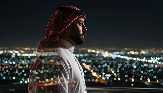 Saudi Man Looking at Night City Skyline