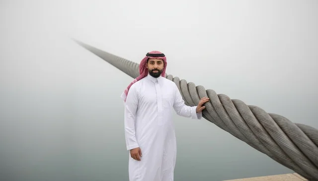 Saudi Man in Traditional Dress by Suspension Cable