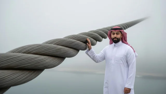 Saudi Man in Traditional Dress by Industrial Steel Cable