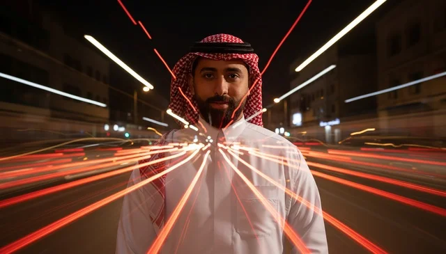 Saudi Man in Traditional Dress with Night City Light Trails