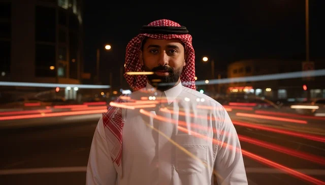 Saudi Man in Traditional Dress with Night Light Trails