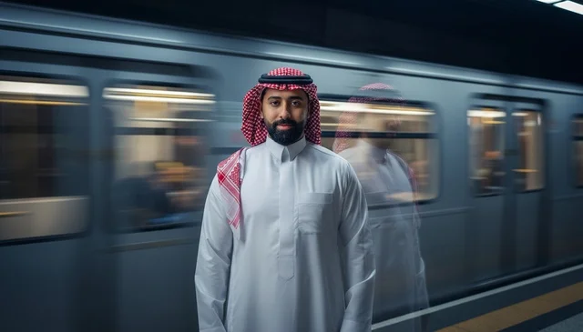 Saudi Man Traditional Dress at Metro Station Platform