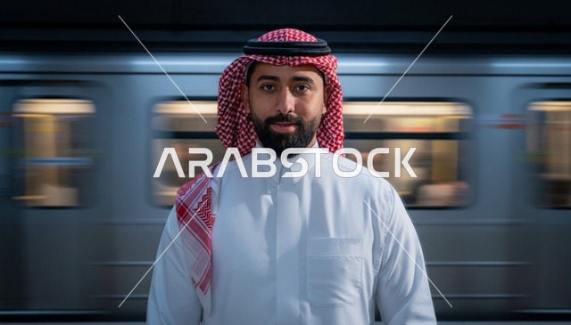 رجل سعودي بالزي التقليدي في محطة مترو حديثة