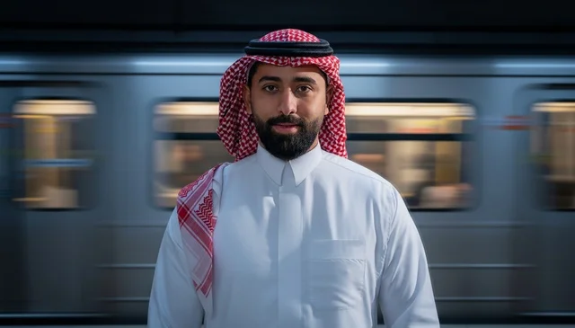Saudi Man in Traditional Thobe at Modern Metro Station