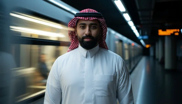 Saudi Man in Traditional Dress at Modern Metro Station