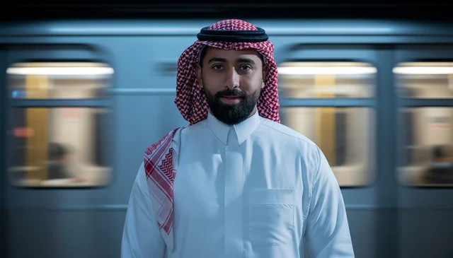 Saudi Man in Traditional Dress at Metro Station