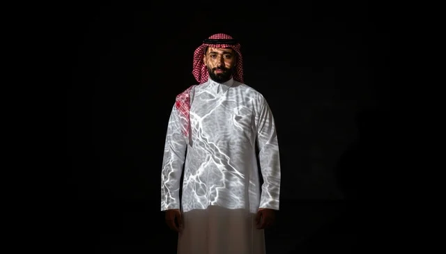 Saudi Man in Traditional Attire with Map Projection