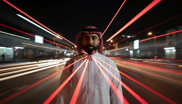 Saudi Man on Night Street with Light Trails