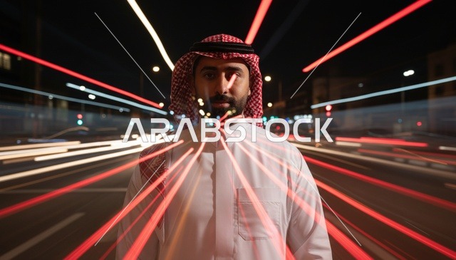 رجل سعودي مع مسارات ضوئية ليلية في المدينة