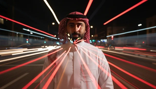 Saudi Man with Night Light Trails in City