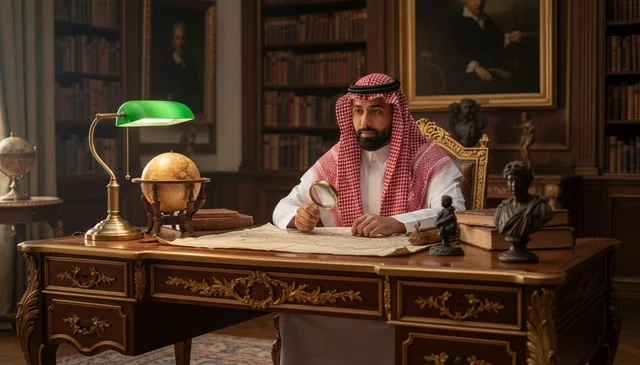 Saudi Man in Traditional Dress Researching Antique Map