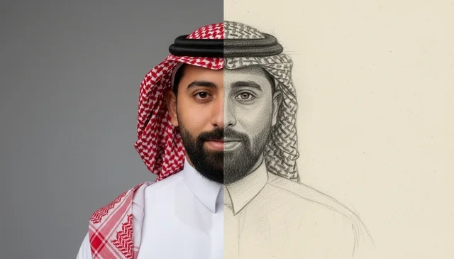 Saudi Man Portrait Split Photograph and Sketch