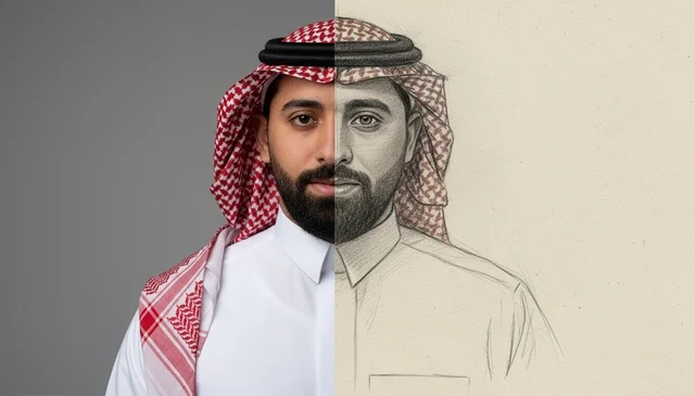 رجل سعودي باللباس التقليدي ورسم تخطيطي