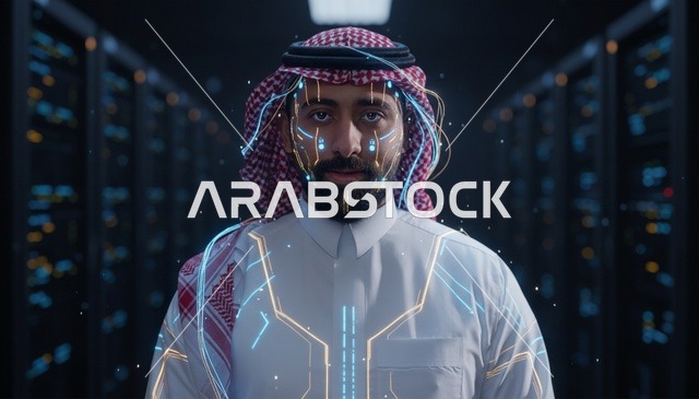 رجل سعودي مع واجهة ذكاء اصطناعي في مركز بيانات