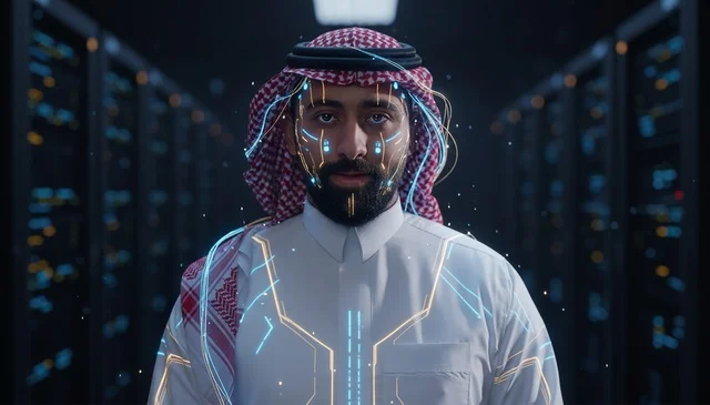 Saudi Man with AI Interface in Data Center