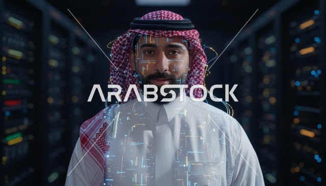 Saudi Man in Data Center with AI Digital Interface