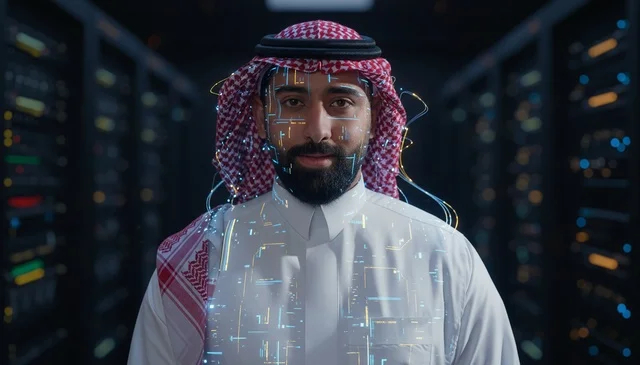 Saudi Man in Data Center with AI Digital Interface