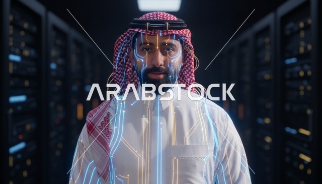 رجل سعودي في مركز بيانات مع رسومات ذكاء اصطناعي