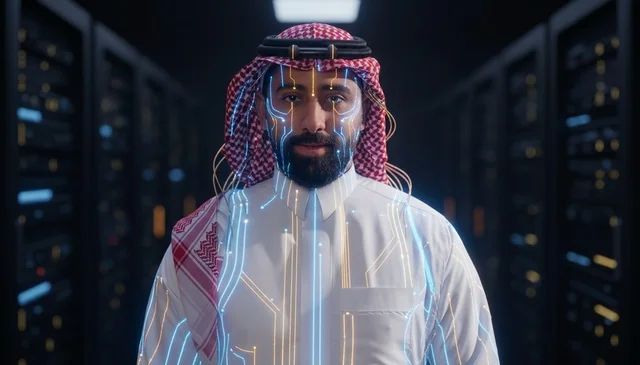 رجل سعودي في مركز بيانات مع رسومات ذكاء اصطناعي