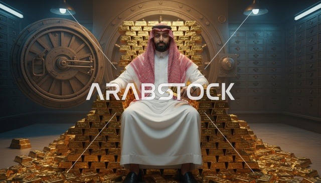 رجل سعودي يجلس على عرش ذهبي في خزنة بنك