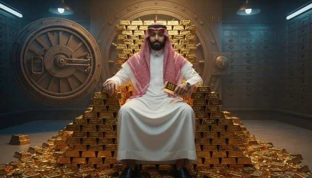 رجل سعودي يجلس على عرش ذهبي في خزنة بنك رجل سعودي يجلس على عرش ذهبي في خزنة بنك