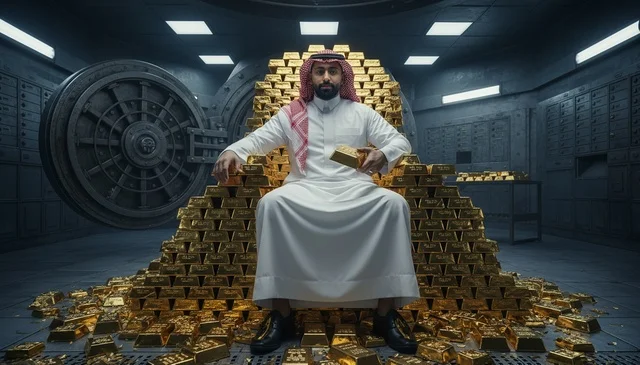 رجل سعودي باللباس التقليدي يجلس على سبائك الذهب داخل الخزنة