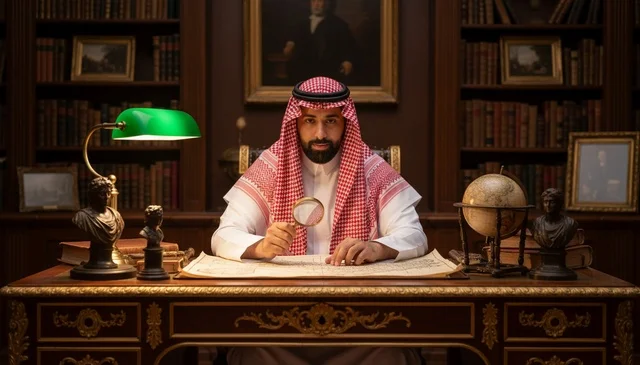 Saudi Researcher with Magnifying Glass in Classic Library