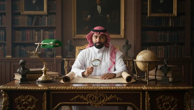 Saudi Man in Traditional Dress with Magnifying Glass