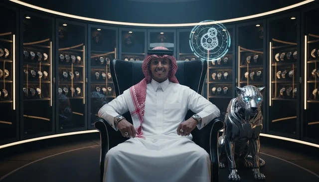 رجل أعمال سعودي في غرفة ساعات فاخرة مع نمر آلي