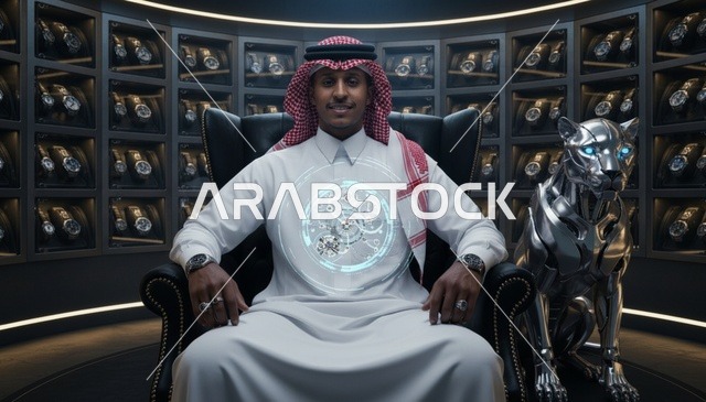 رجل سعودي مع مجموعة ساعات فاخرة ونمر آلي