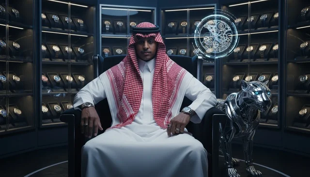 رجل سعودي في معرض ساعات فاخر مع نمر آلي