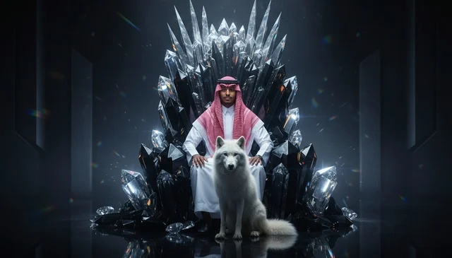 Saudi Man in Traditional Dress on Crystal Throne with Wolf