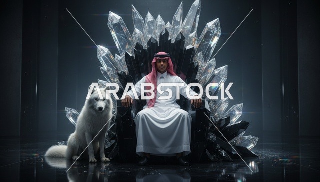 Saudi Man on Crystal Throne with White Wolf