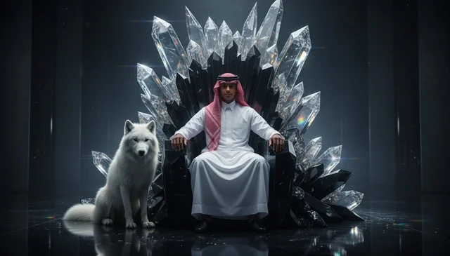 Saudi Man on Crystal Throne with White Wolf