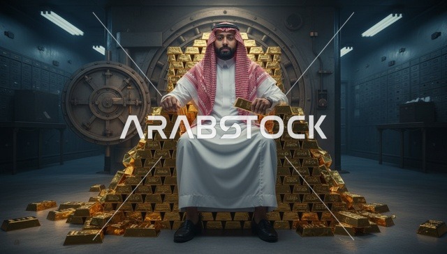 رجل سعودي يجلس على عرش من سبائك الذهب في خزنة بنك
