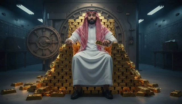 رجل سعودي يجلس على عرش من سبائك الذهب في خزنة بنك