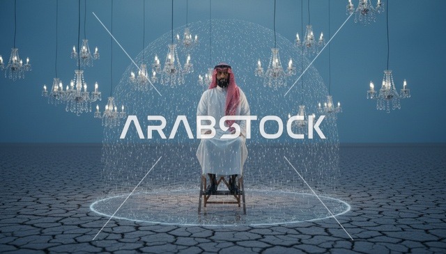 رجل سعودي في الصحراء مع قبة رقمية ونجفات