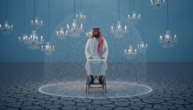 رجل سعودي في الصحراء مع قبة رقمية ونجفات