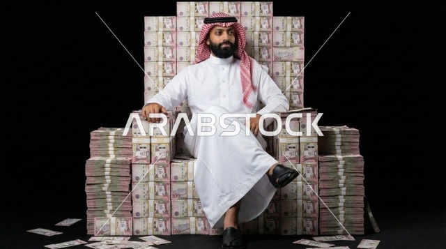 رجل سعودي يجلس على عرش من الريالات السعودية