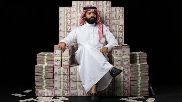 رجل سعودي يجلس على عرش من الريالات السعودية رجل سعودي يجلس على عرش من الريالات السعودية