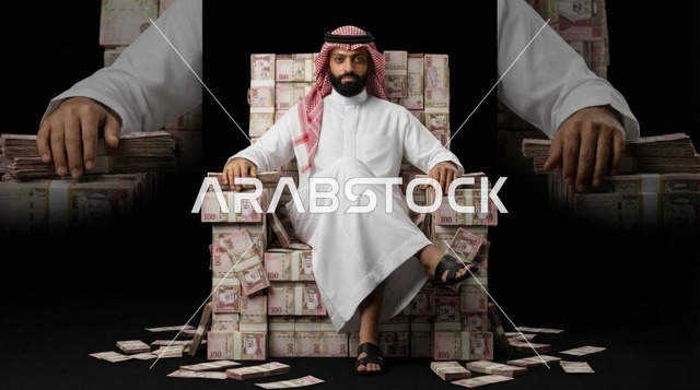 رجل سعودي يجلس على عرش من الأوراق النقدية