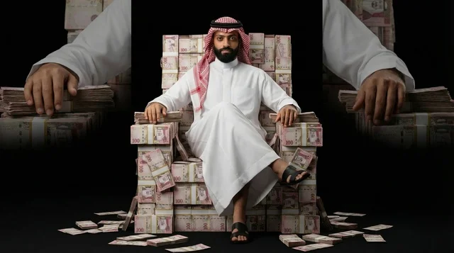 رجل سعودي يجلس على عرش من الأوراق النقدية رجل سعودي يجلس على عرش من الأوراق النقدية
