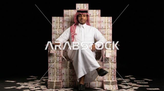 رجل سعودي يجلس على عرش من حزم الريالات السعودية