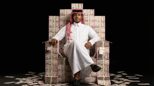 رجل سعودي يجلس على عرش من حزم الريالات السعودية